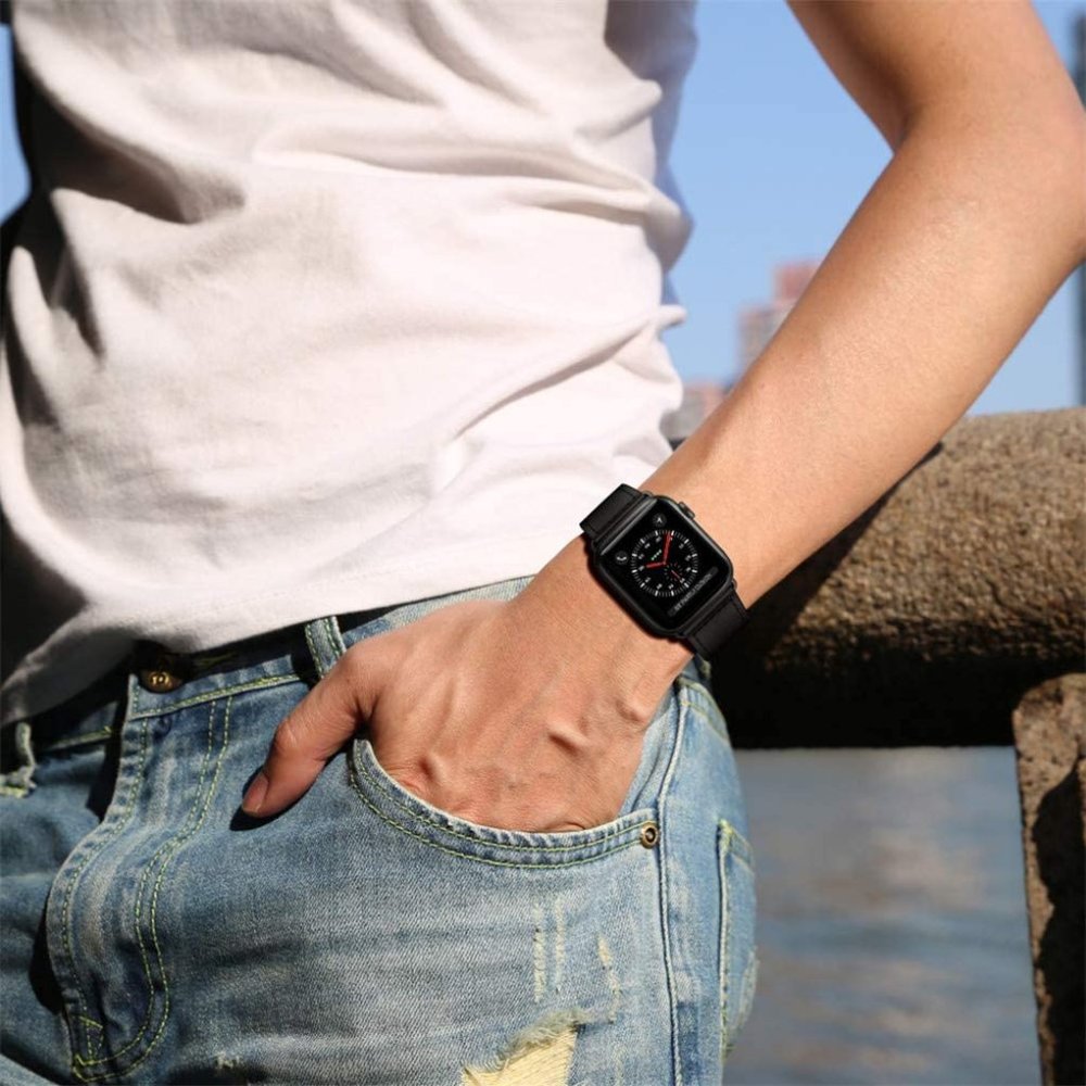 NEW[BAND] BLACK Genuine Leather For Apple Watch - Picture 8 of 10